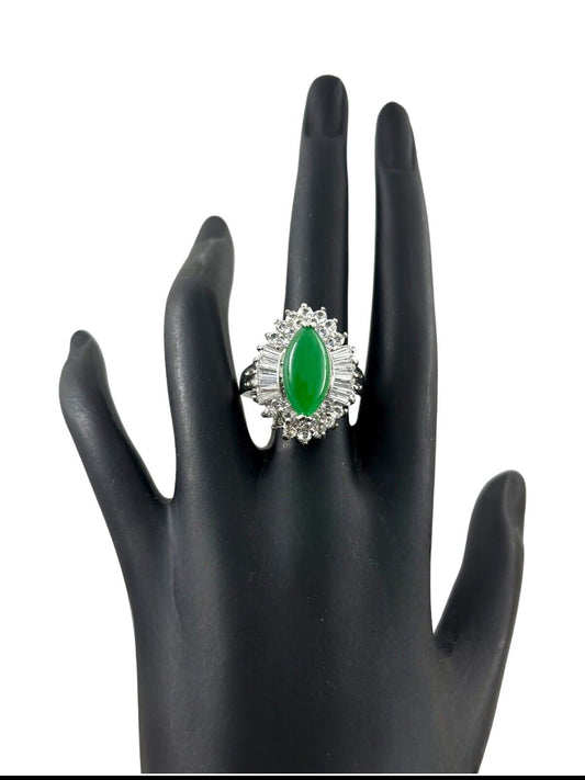 Oval Jade And Baguette Diamond Halo Ring In Cubic Zirconia