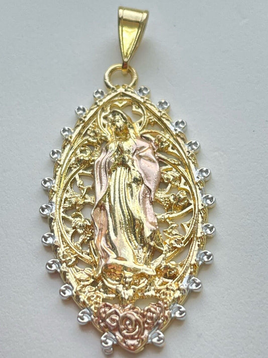 14k 3 Tone Gold Plated Open Marquise Shape Guadalupe VDG Pendant