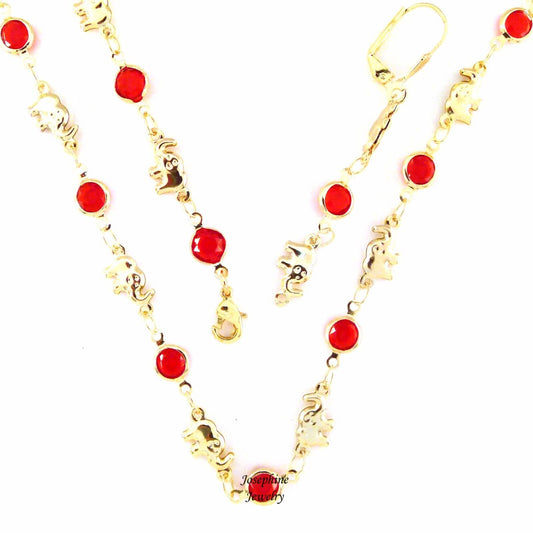 14k Gold Plated Red Elephant Charm Plastic Crystal Earring Necklace Bracelet Set