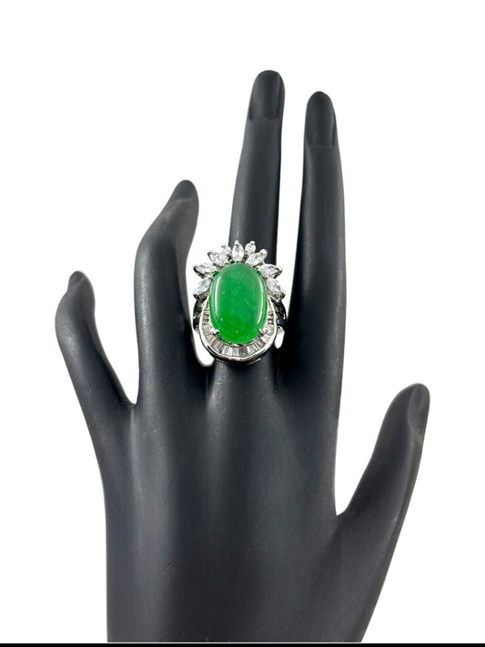 Oval Jade Baguette Diamond Halo Ring In Cubic Zirconia
