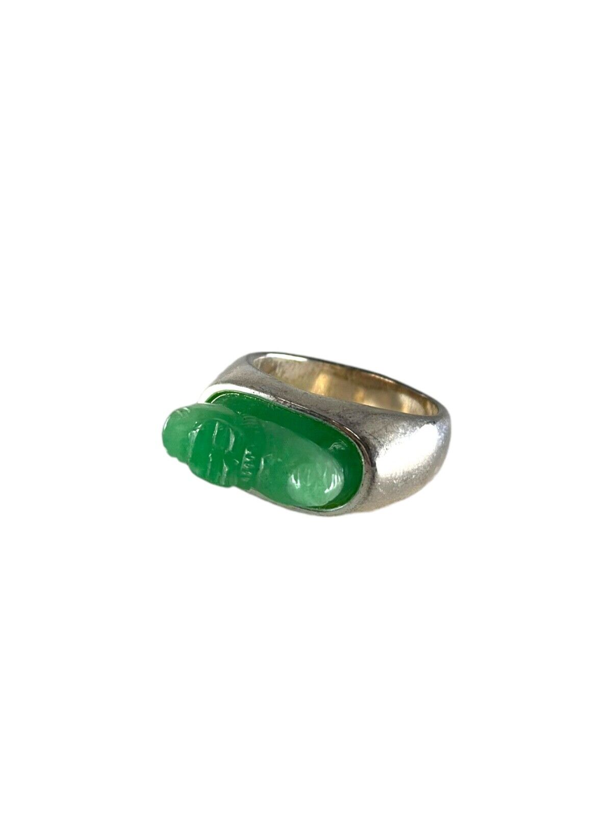.925 Sterling Silver Natural Carved Buddha Jade RING