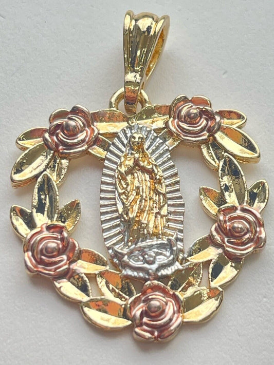 14k 3Tone Gold Plated Open Heart Guadalupe VDG Pendant with Leaves & Roses on it