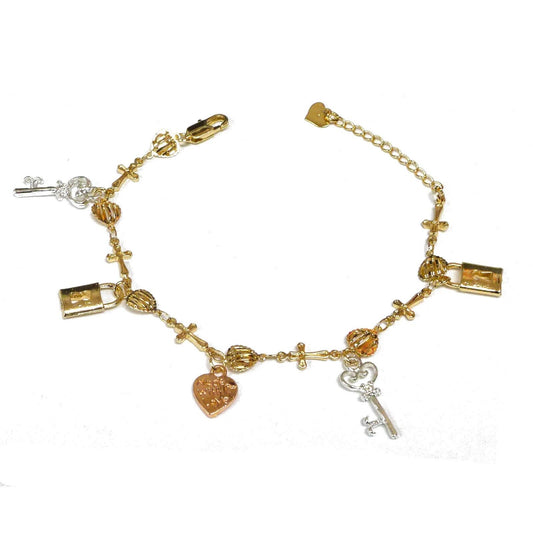 14k Gold Plated 3-Tone Key and Lock Dangling Charms with Heart Cross Bracelet