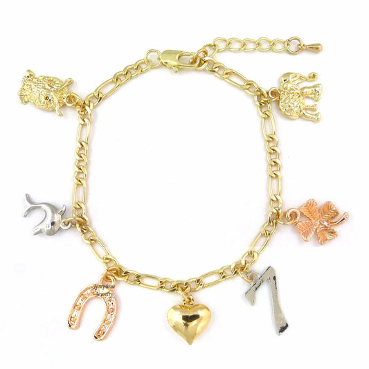 14k Gold Plated 3 Color Good Luck Charms Figaro Chain Bracelet