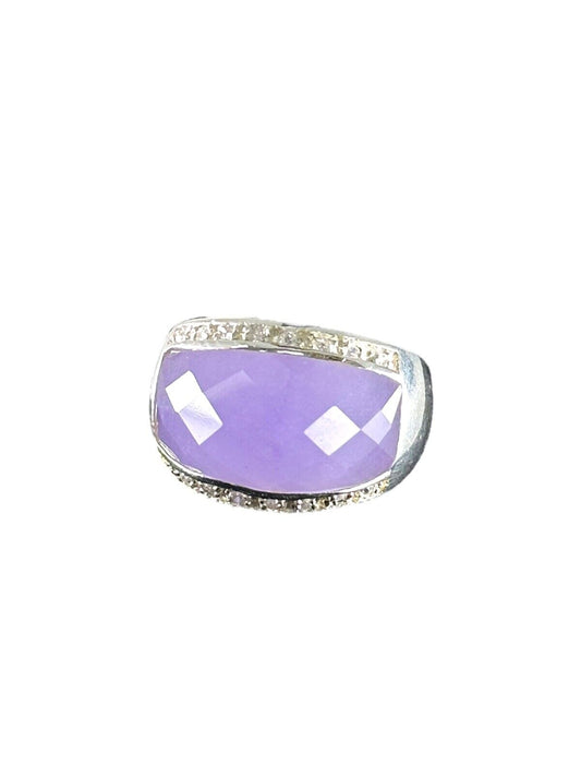 .925 Sterling Silver Lavender Natural Jade RING with CZ Stones