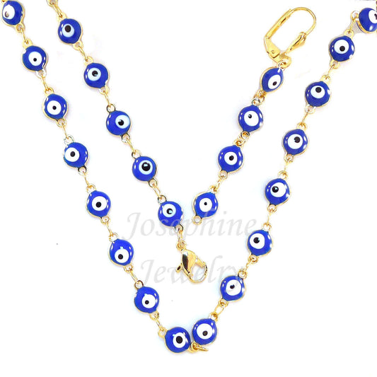 14k Gold Plated Blue Lucky Enamel Evil Eye Beads Necklace Bracelet Earring Set