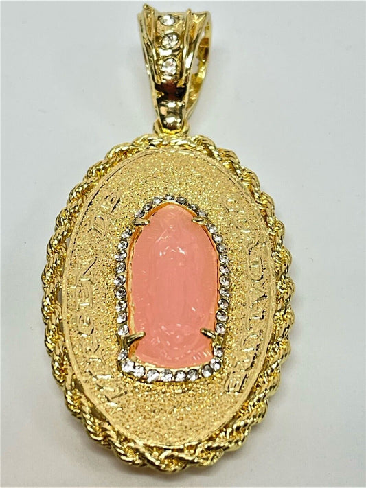 14 Yellow Gold Plated Oval Shape Double-Sided Guadalupe VDG Pendant