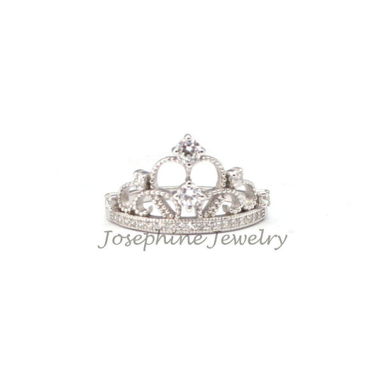 .925 Sterling Silver Princess Tiara Crown Ring Cubic Zirconia Ring Size 6-10