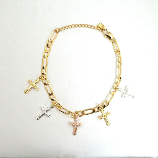 14k Gold Plated 3-Tone Cross Dangling Charms Bracelet Pulsera Cruz Oro Laminado