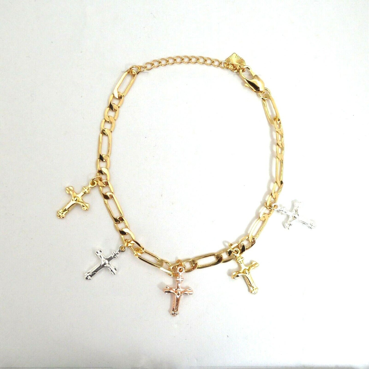 14k Gold Plated 3-Tone Cross Dangling Charms Bracelet Pulsera Cruz Oro Laminado