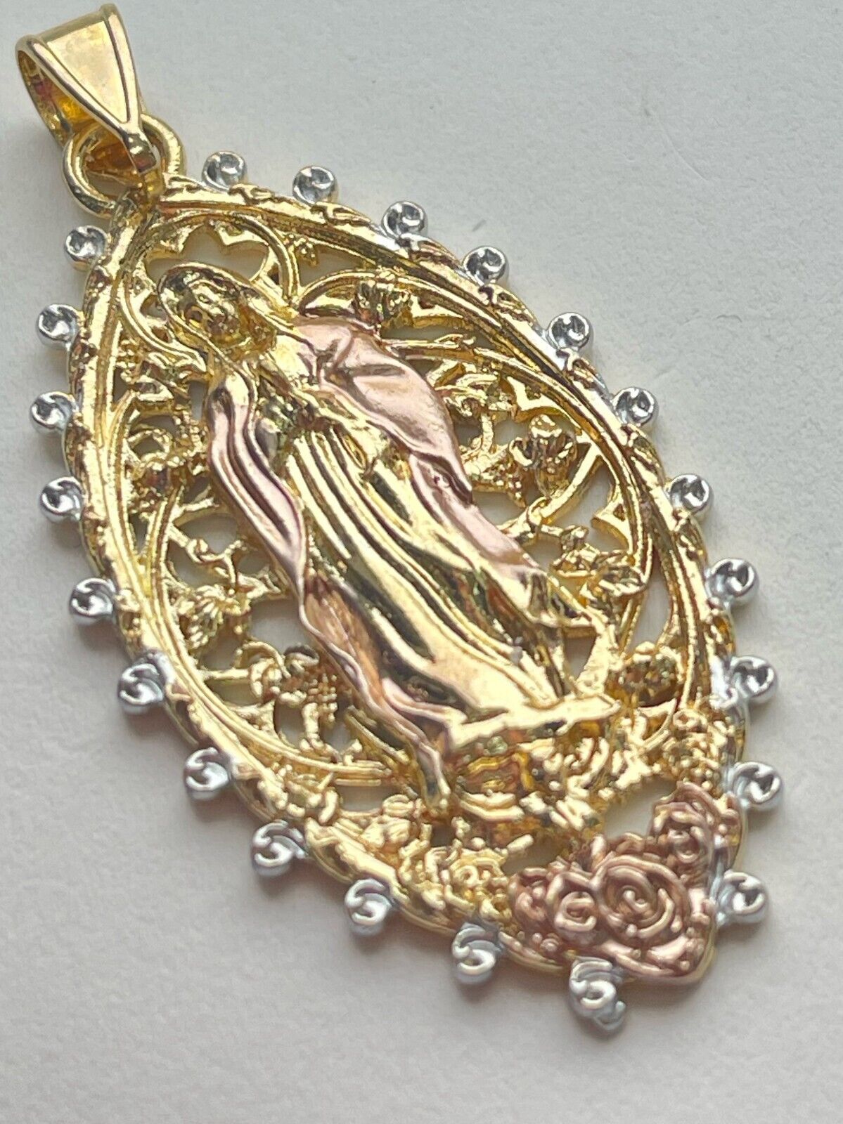 14k 3 Tone Gold Plated Open Marquise Shape Guadalupe VDG Pendant
