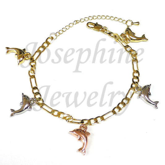 14k Gold Plated 3-Tone Dolphin Dangling Charms Bracelet Delfín Pulsera Free Ship