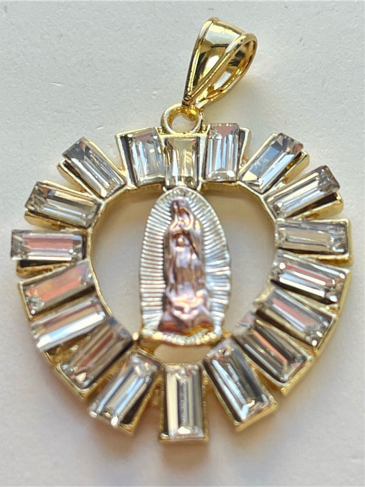 14K 3 Tone  Gold Plated Open Heart Shape Guadalupe VDG Pendant