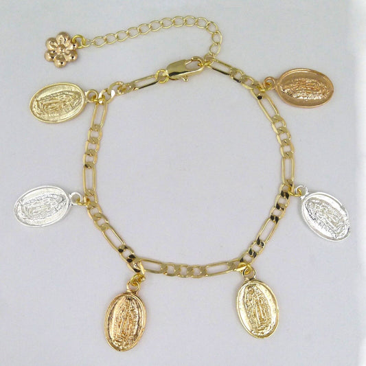14k Gold Plated 3-Tone Guadalupe Dangling Charms Bracelet with Extension