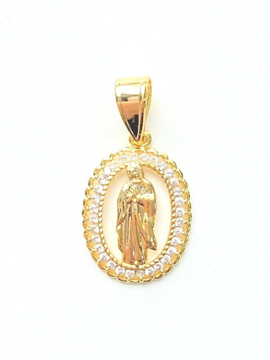 14k Gold Plated OVAL Virgen de Guadalupe Cubic Zirconia Pendant Colgante