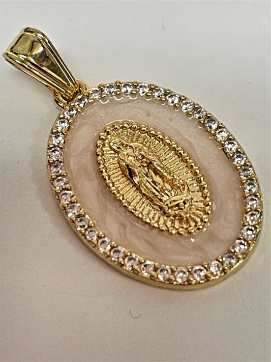 14K Yellow Gold Plated Oval Micro Pave Enamel Guadalupe VDG Pendant