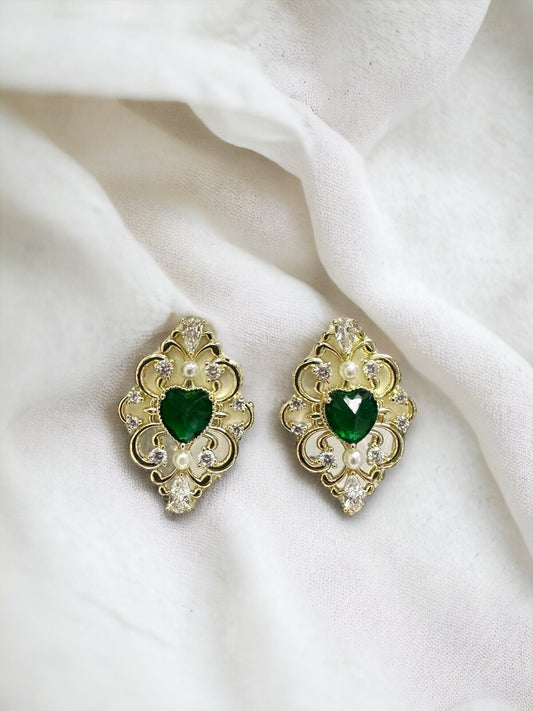 14k Gold Plated Emerald Green CZ Rhinestone Earrings