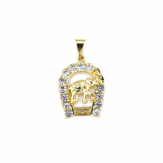 14k Gold Plated White Rhinestone Lucky Horseshoe with Elephant Charm Pendant