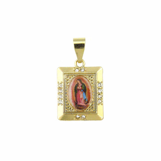 14k Gold Plated Virgen de Guadalupe Colored Pictured Rectangle Charm Pendant
