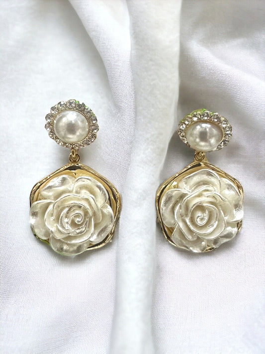 14k Gold Plated Romantic White Enamel Faux Pearl Rose Drop Earrings