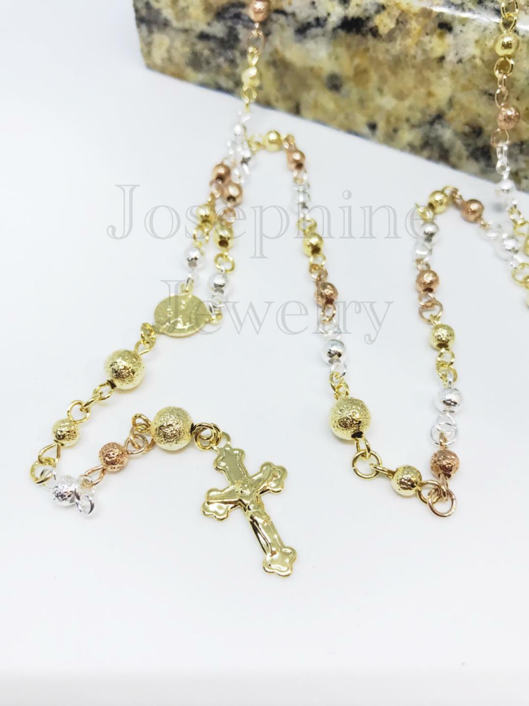 14k Gold Plated 3-Tone Rosary with Crucifix Polished Sanded/Frosted Beads 24"