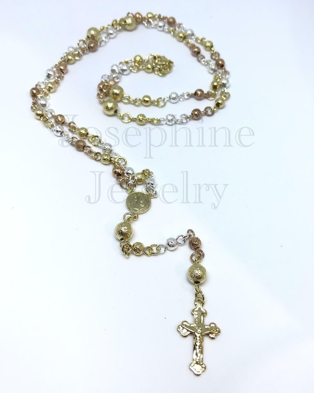 14k Gold Plated 3-Tone Rosary with Crucifix Polished Sanded/Frosted Beads 24"