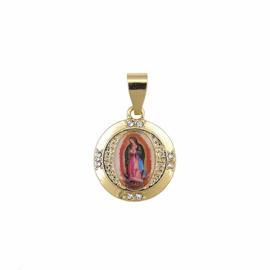 14k Gold Plated Virgen de Guadalupe Colored Pictured Circle Charm Pendant
