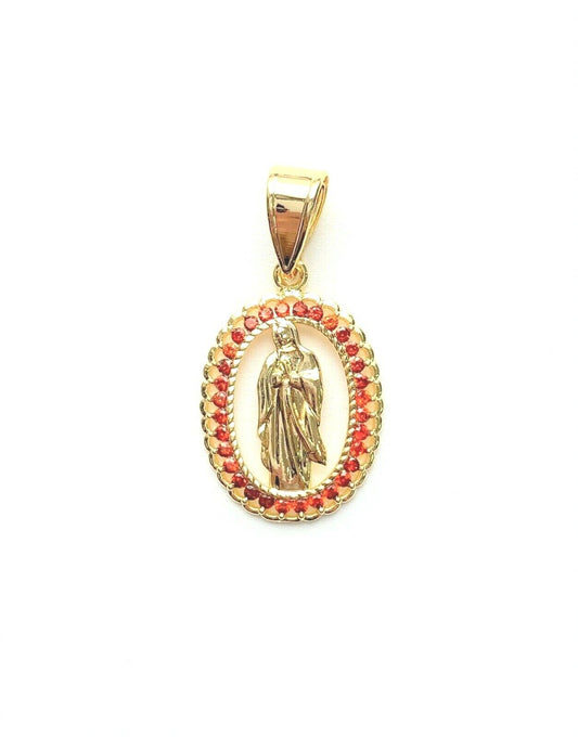 14k Gold Plated OVAL Virgen de Guadalupe RED Cubic Zirconia Pendant Colgante