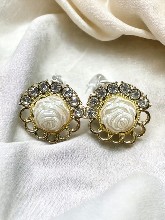 14k Gold Plated Pearl Rose Stud Earrings