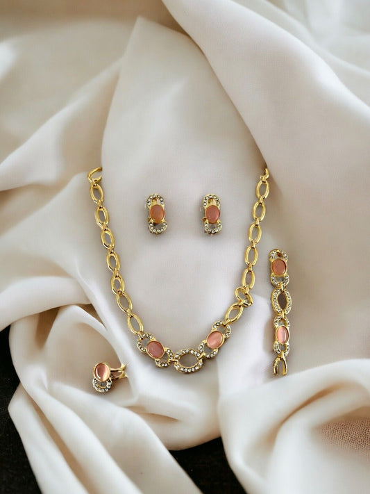 14k Gold Plated Necklace Bracelet Earring Ring Set CZ